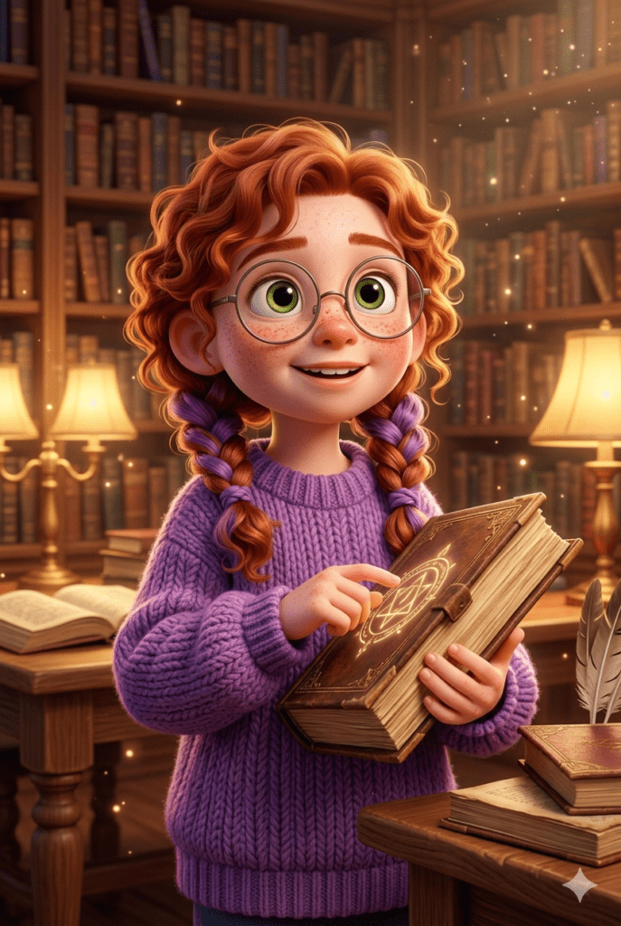 A 3D Pixar style character of a young girl reading a book in a library