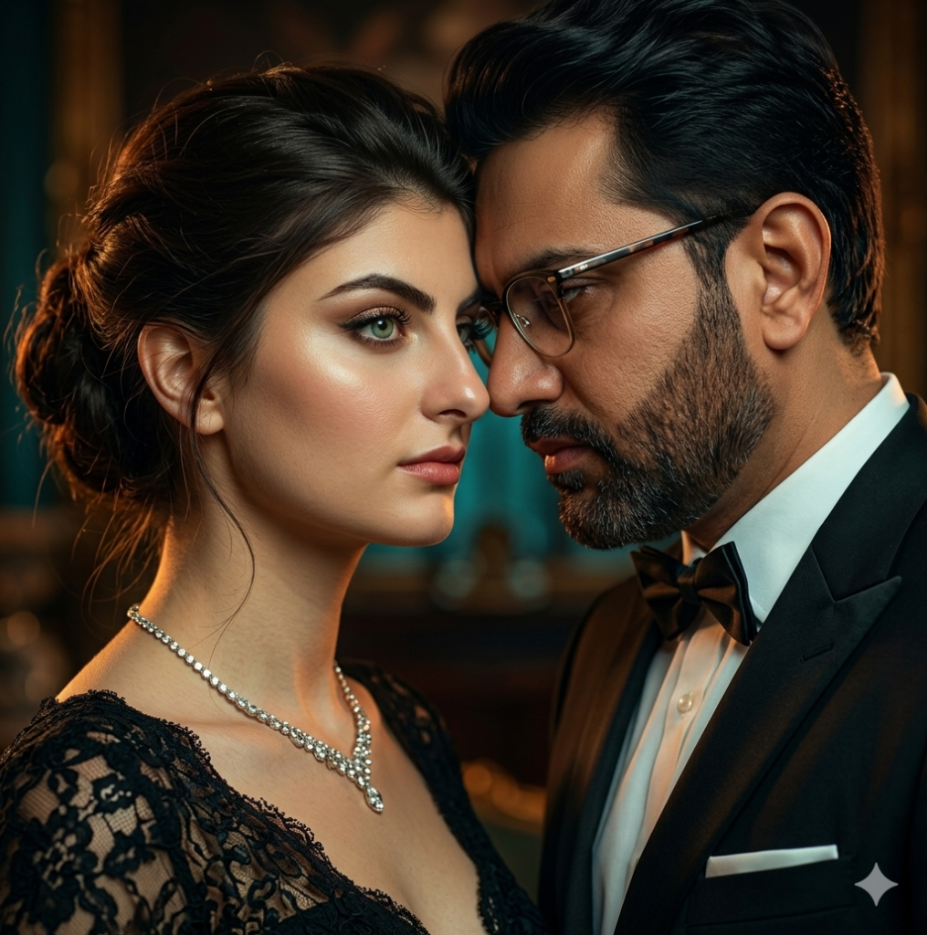 A high-end couple in a tuxedo and lace gown generated with Cinematic Couple Portrait Prompts.