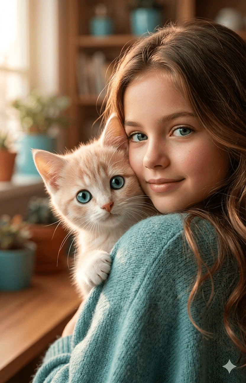 Ultra realistic portrait of a young girl holding a ginger kitten in cozy window lighting
