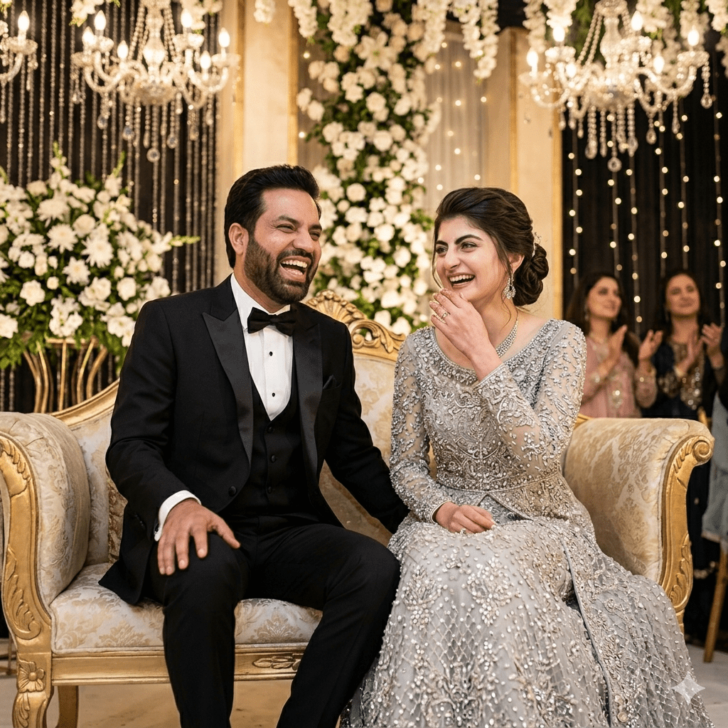 Candid wedding couple laughing on stage generated via AI wedding prompts