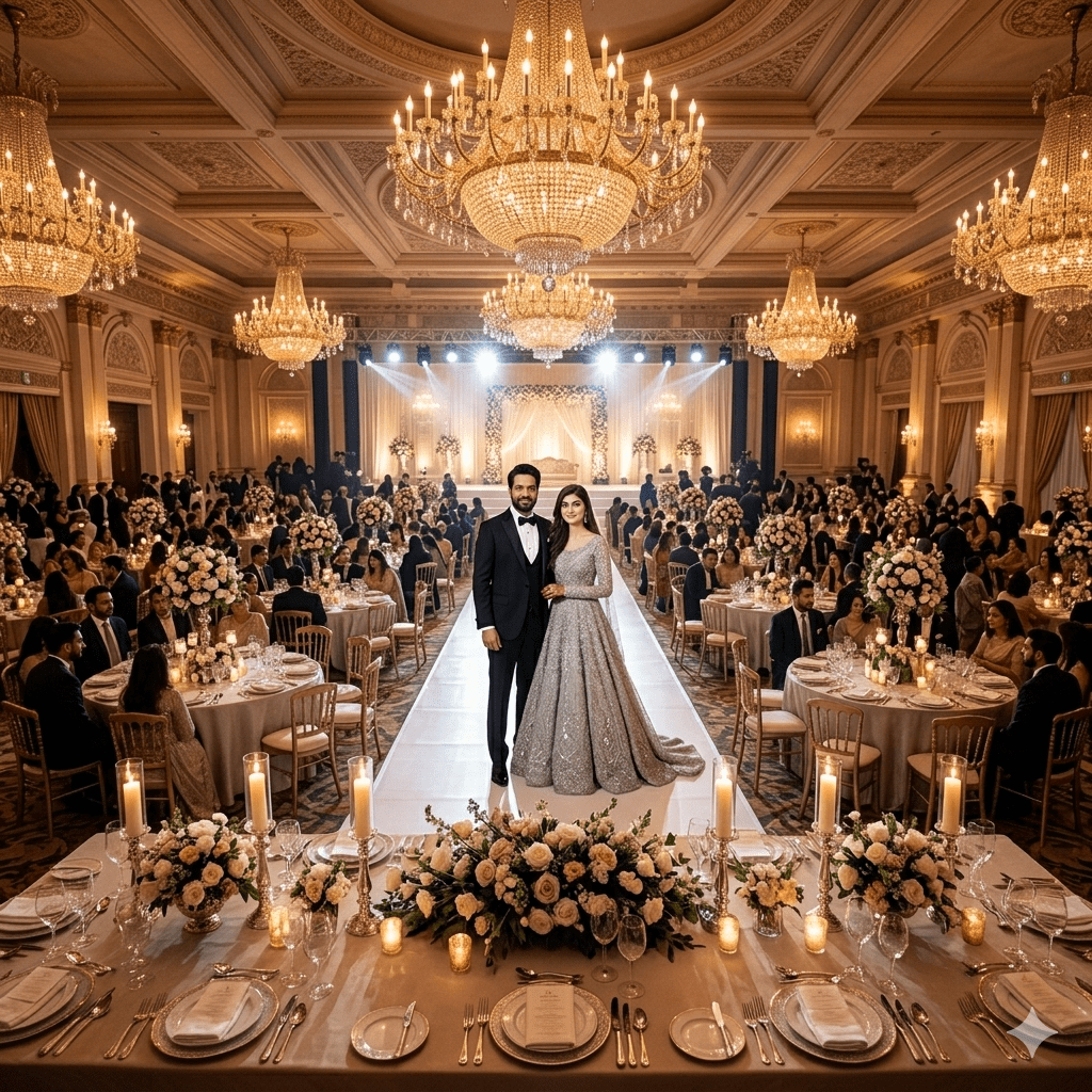 Luxury Walima reception hall wide angle view using AI wedding prompts