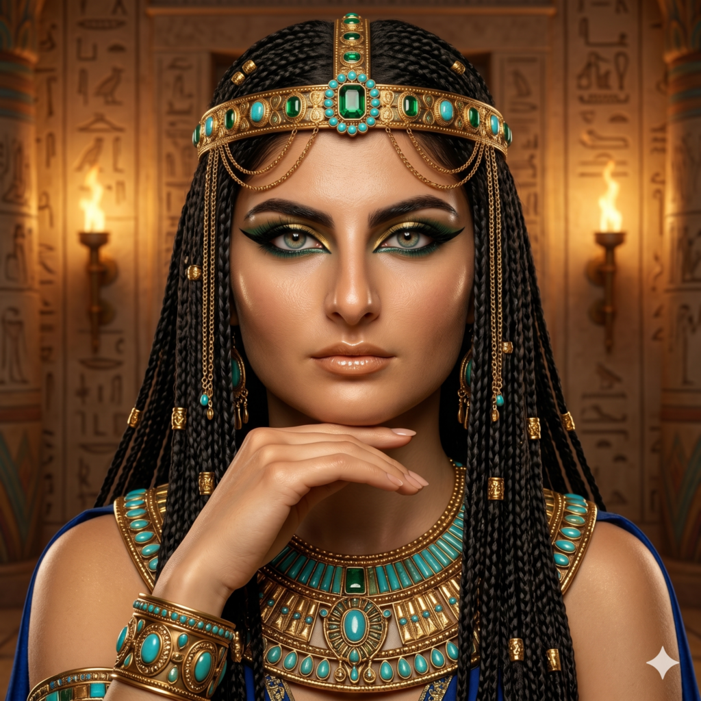 A hyper-realistic portrait generated using Ancient Egyptian Queen Prompts.