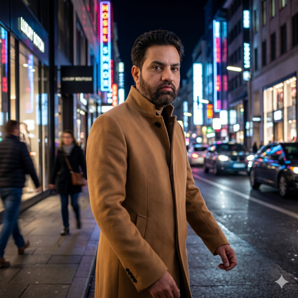 A sophisticated man in a camel coat using Cinematic Urban Fashion AI Prompts.