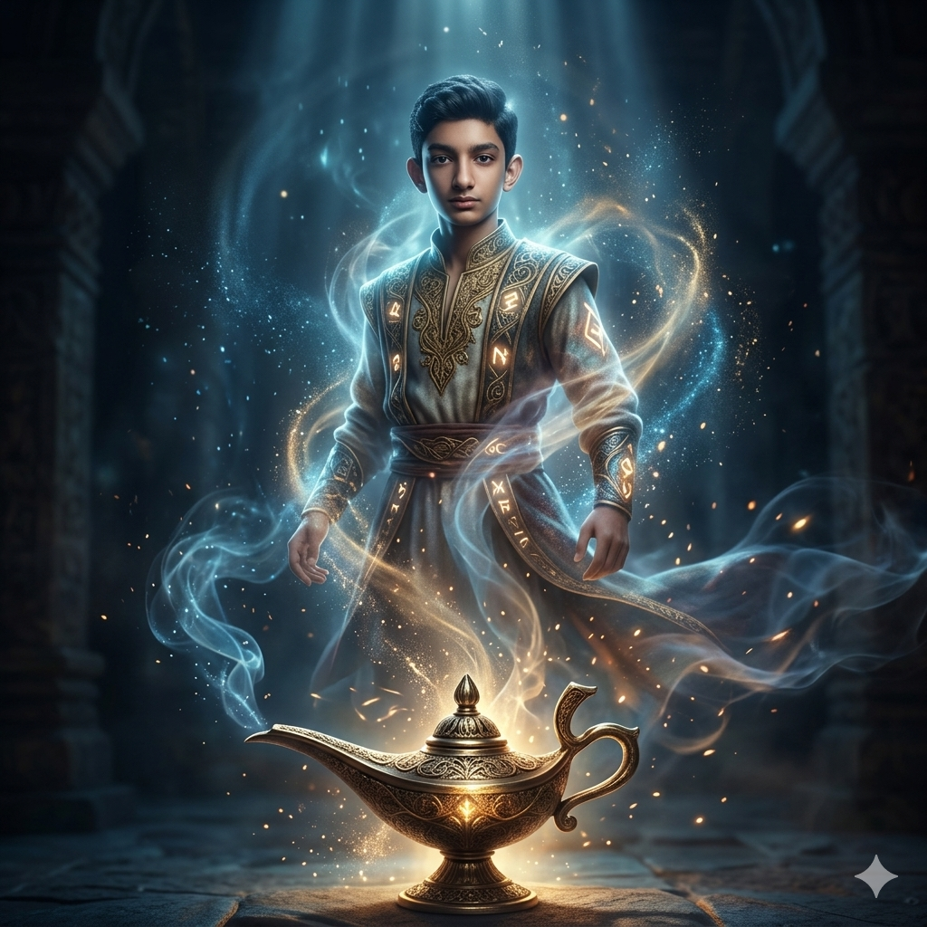 A magical spirit emerging from a lamp using Cinematic Mystical Genie Prompts.