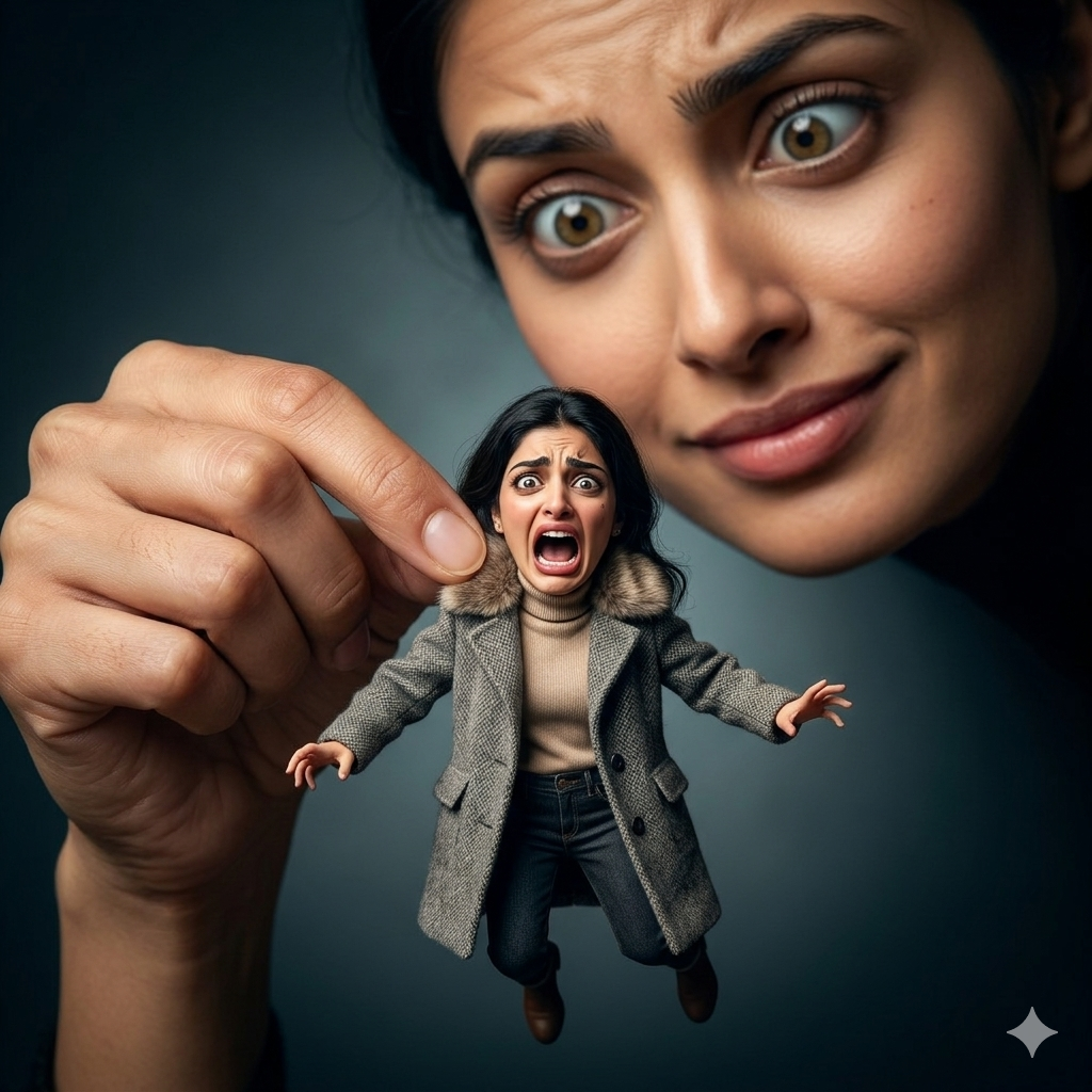 A surreal forced perspective photograph showing a large, shocked hand lifting a tiny screaming identical man.