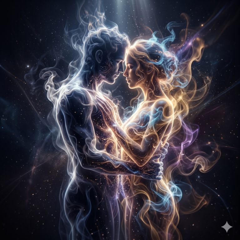 Two celestial lovers made of stardust using Ethereal Cosmic AI Art Prompts.