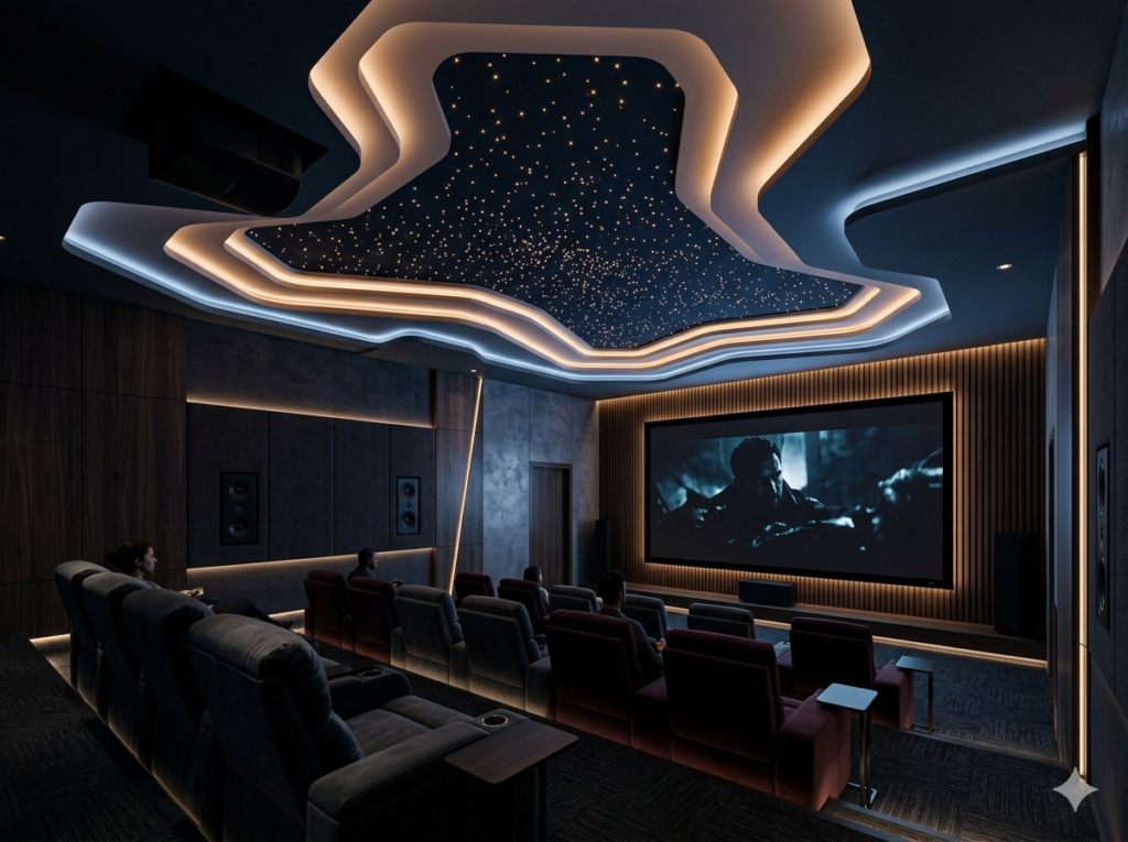 Avant garde asymmetric multi level gypsum ceiling prompt