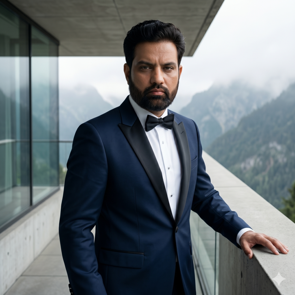 A sophisticated man in a black coat using Cinematic Urban Fashion AI Prompts.