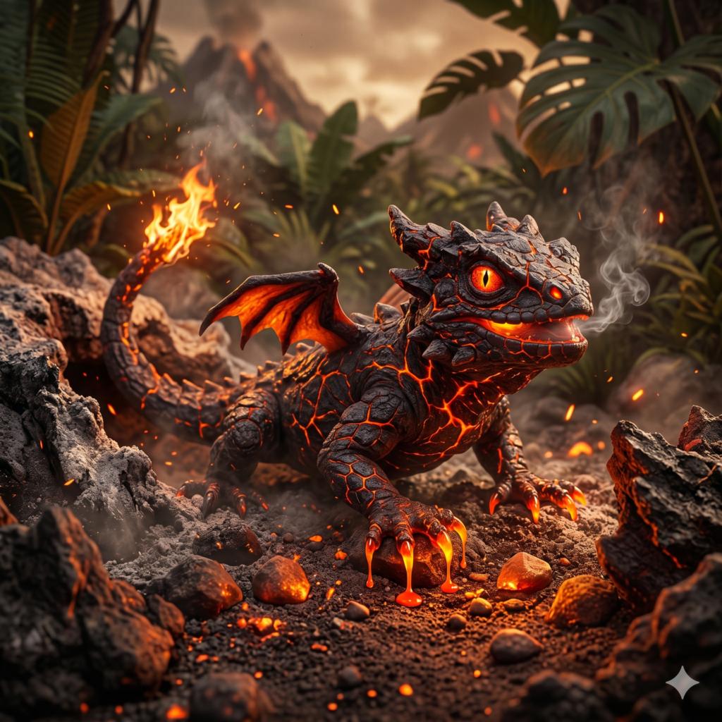 A lava-themed dragon as an example of Adorable Elemental Creature Prompts.