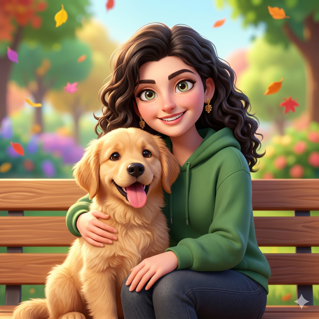 A cute girl and her dog created with 3D Pixar Style Character Prompts.