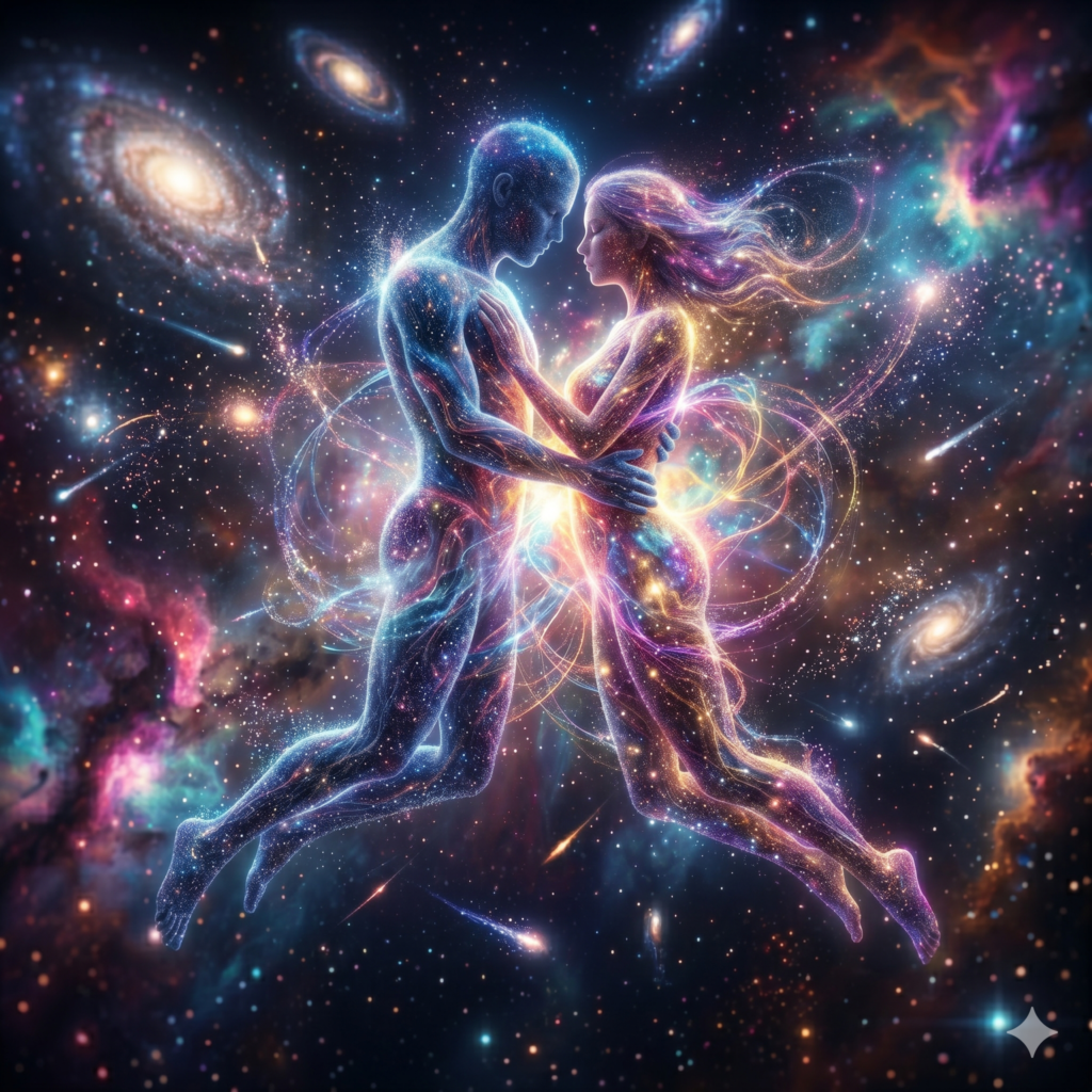 Two celestial lovers made of stardust using Ethereal Cosmic AI Art Prompts.