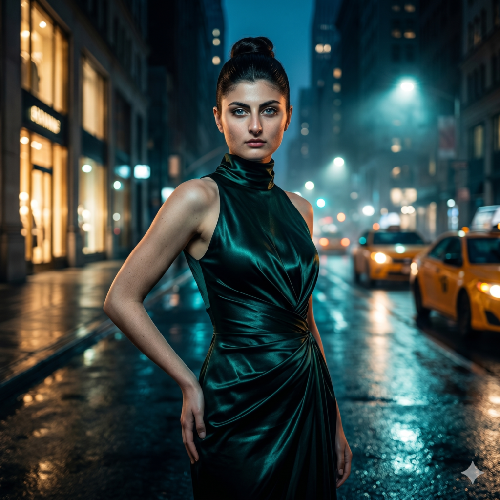 A sophisticated woman in a green dress using Cinematic Urban Fashion AI Prompts.