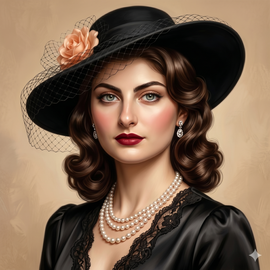 An elegant woman in 1950s style created with Vintage Hollywood Portrait AI Prompts.