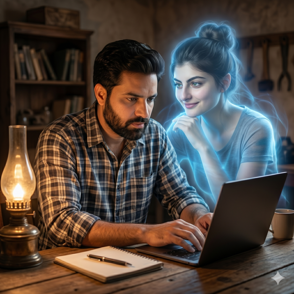 A Cinematic Ghostly AI Portrait showing a man at a desk with a glowing blue hologram.