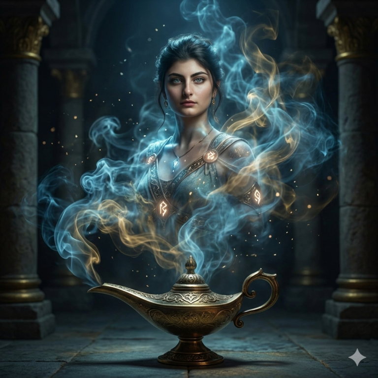 A magical spirit emerging from a lamp using Cinematic Mystical Genie Prompts.