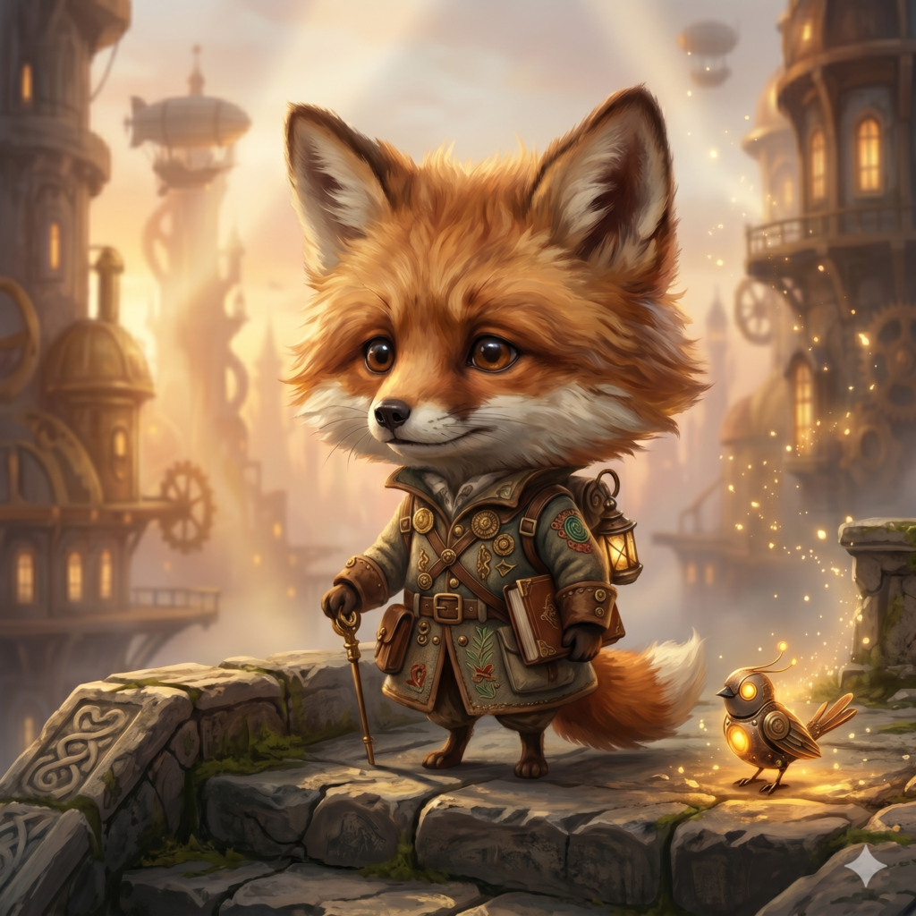 A cute fox explorer as an example of Steampunk Animal Adventure Prompts.