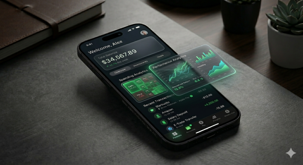 Modern Apple-style finance app UI Prompt with dark mode and analytics dashboard