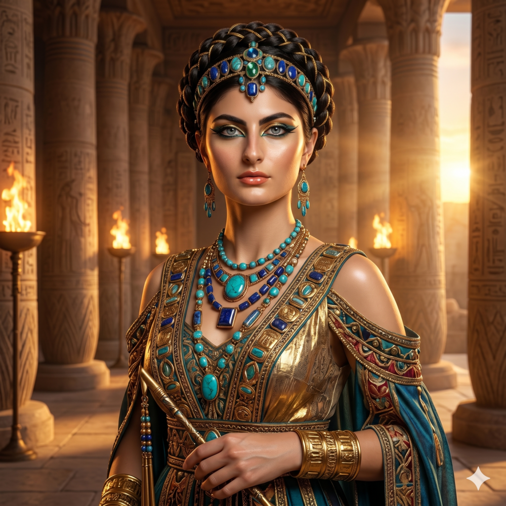 A hyper-realistic portrait generated using Ancient Egyptian Queen Prompts.