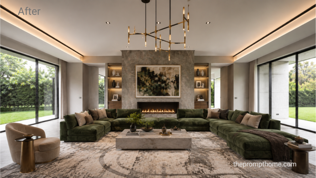 Spacious family living room generated with luxury interior AI prompts.