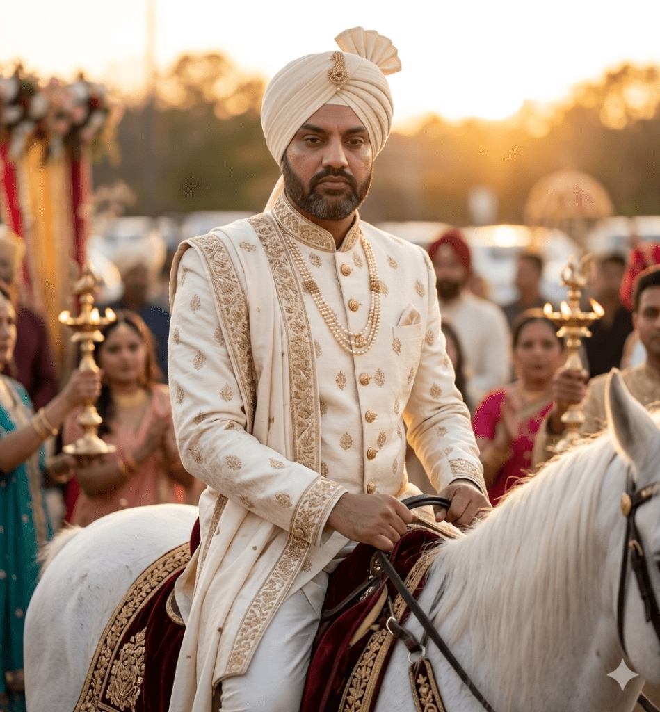South Asian groom in ivory sherwani on a white horse Recreate Wedding Memories AI Prompts