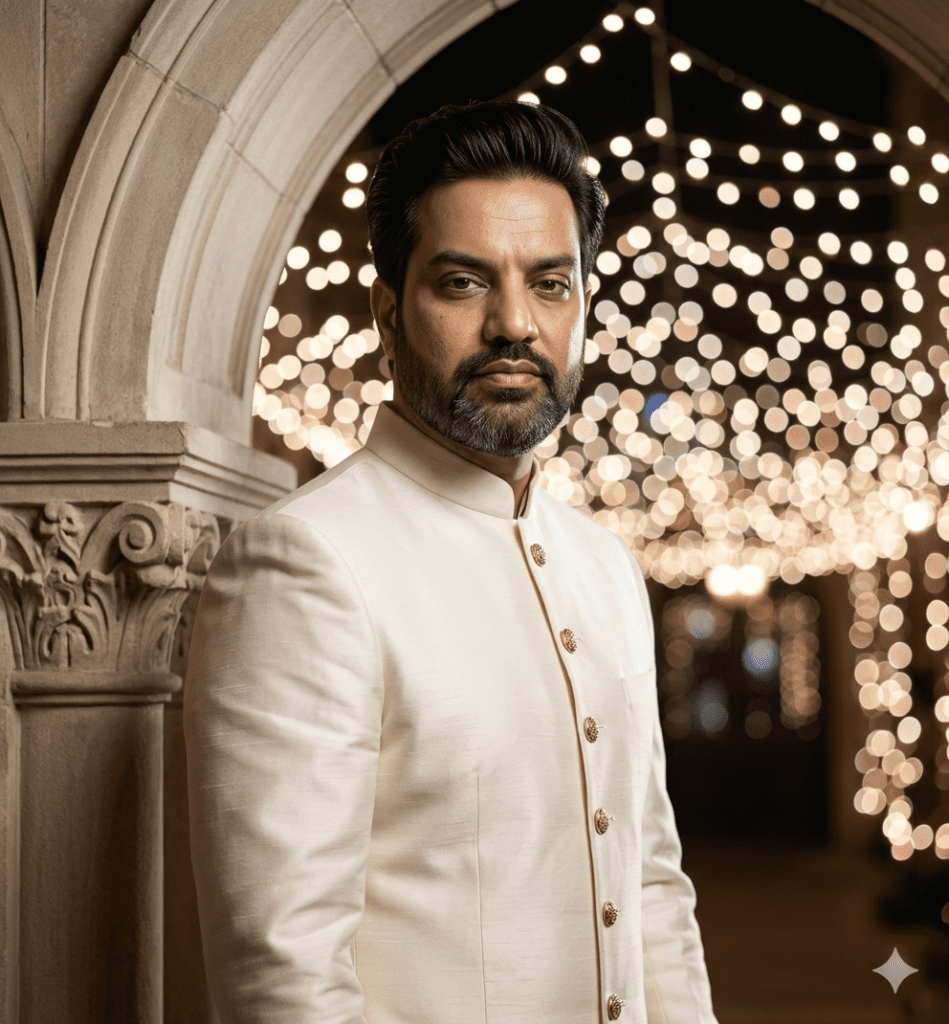 Groom in ivory cream silk sherwani standing near architectural arch via AI prompts