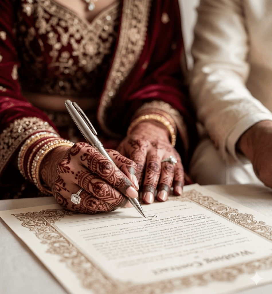 Bridal hands with maroon henna signing a Nikah contract recreated with AI prompts