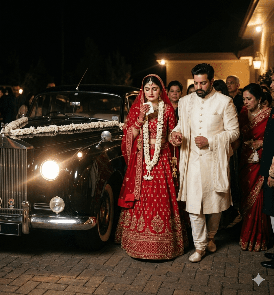 Emotional wedding couple walking towards a floral decorated car using AI prompts
