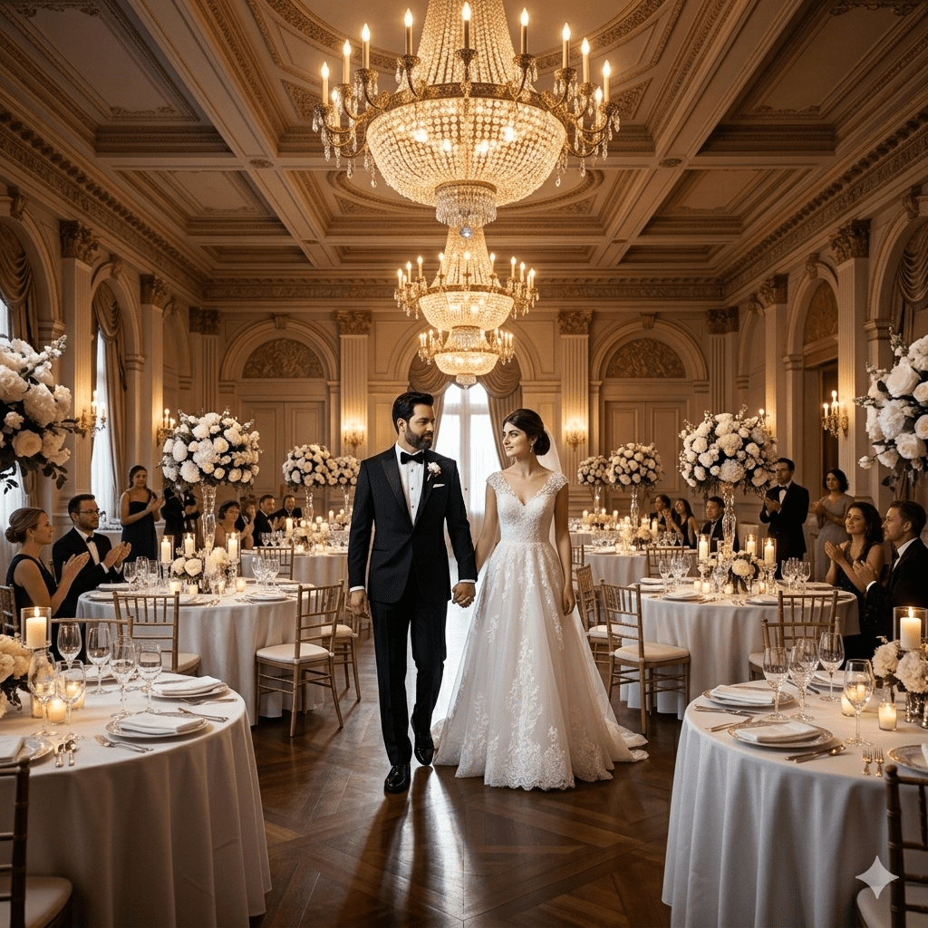 Wide angle shot of a couple entering a luxury wedding reception ballroom via AI prompts