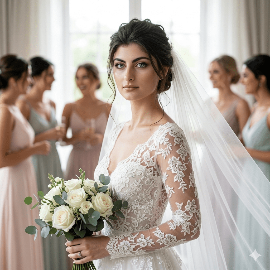Recreate Western Wedding Memories AI Prompts Western bride preparing for her wedding in a white French Chantilly lace gown created with AI prompts