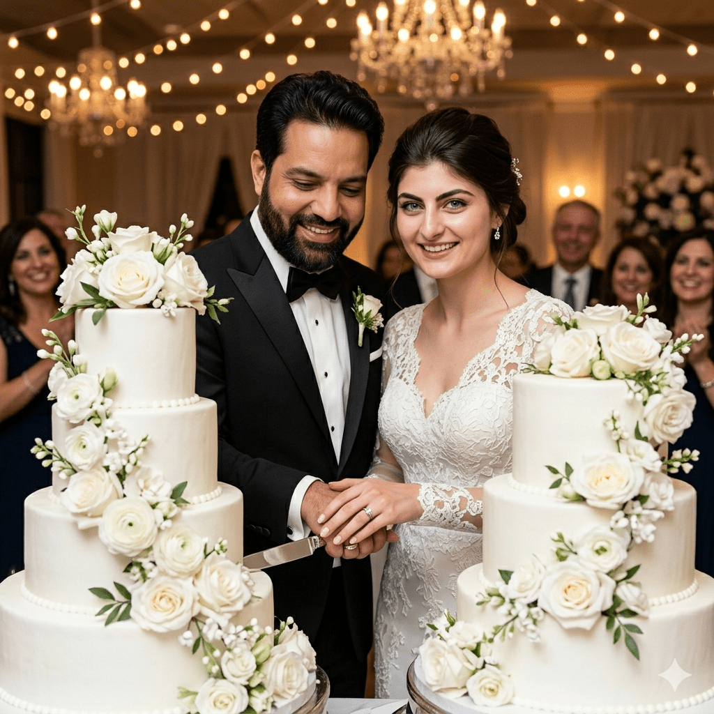 Western couple cutting a multi tiered white floral wedding cake using AI prompts