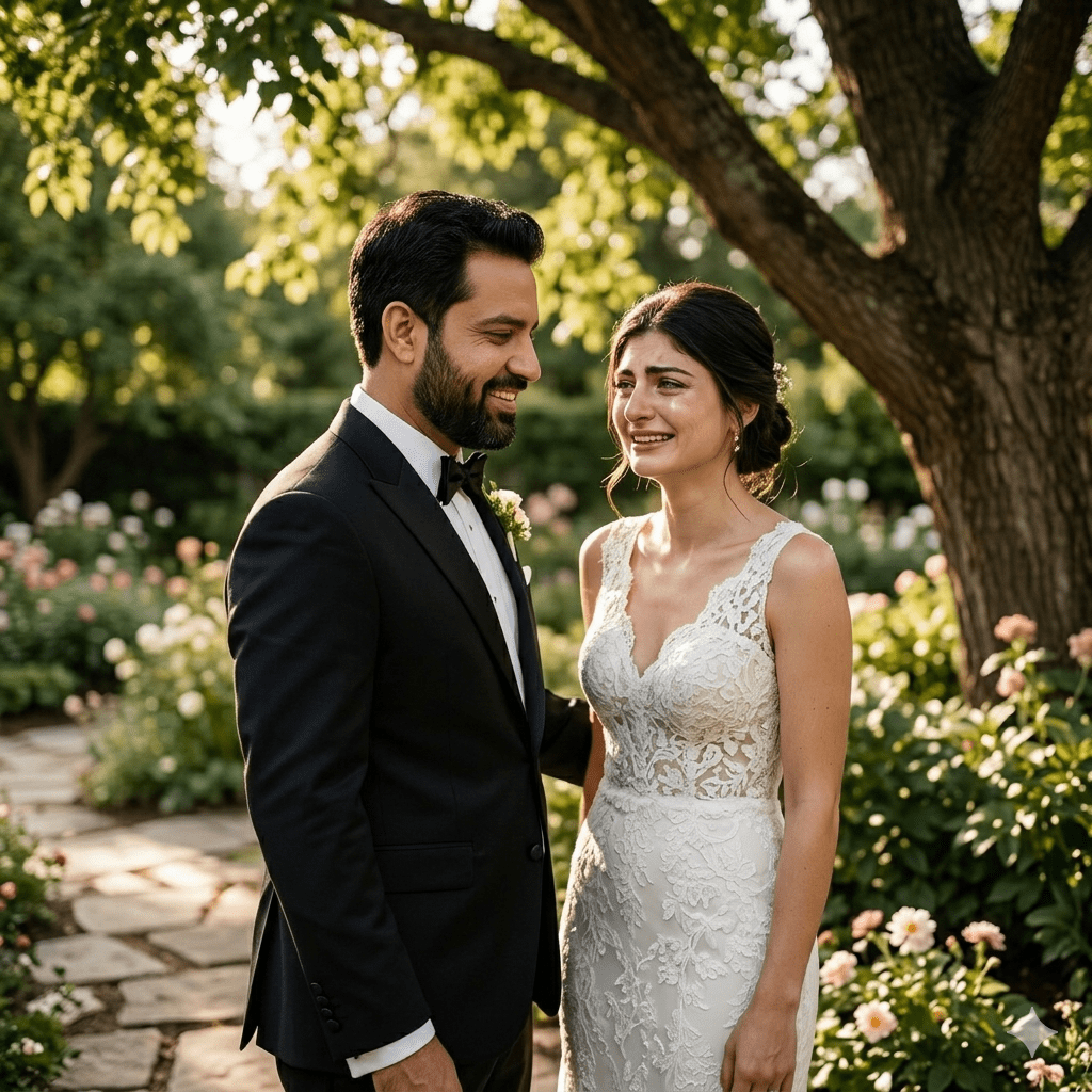 Western wedding couple sharing a candid first look in a sun drenched garden using AI prompts