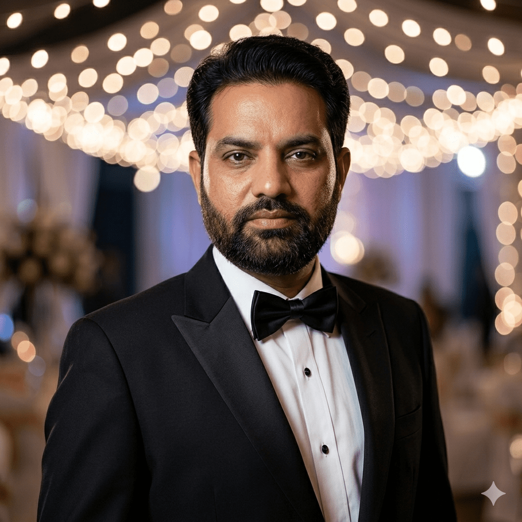 Western groom standing in a bespoke jet black tuxedo with satin lapels via AI wedding prompts