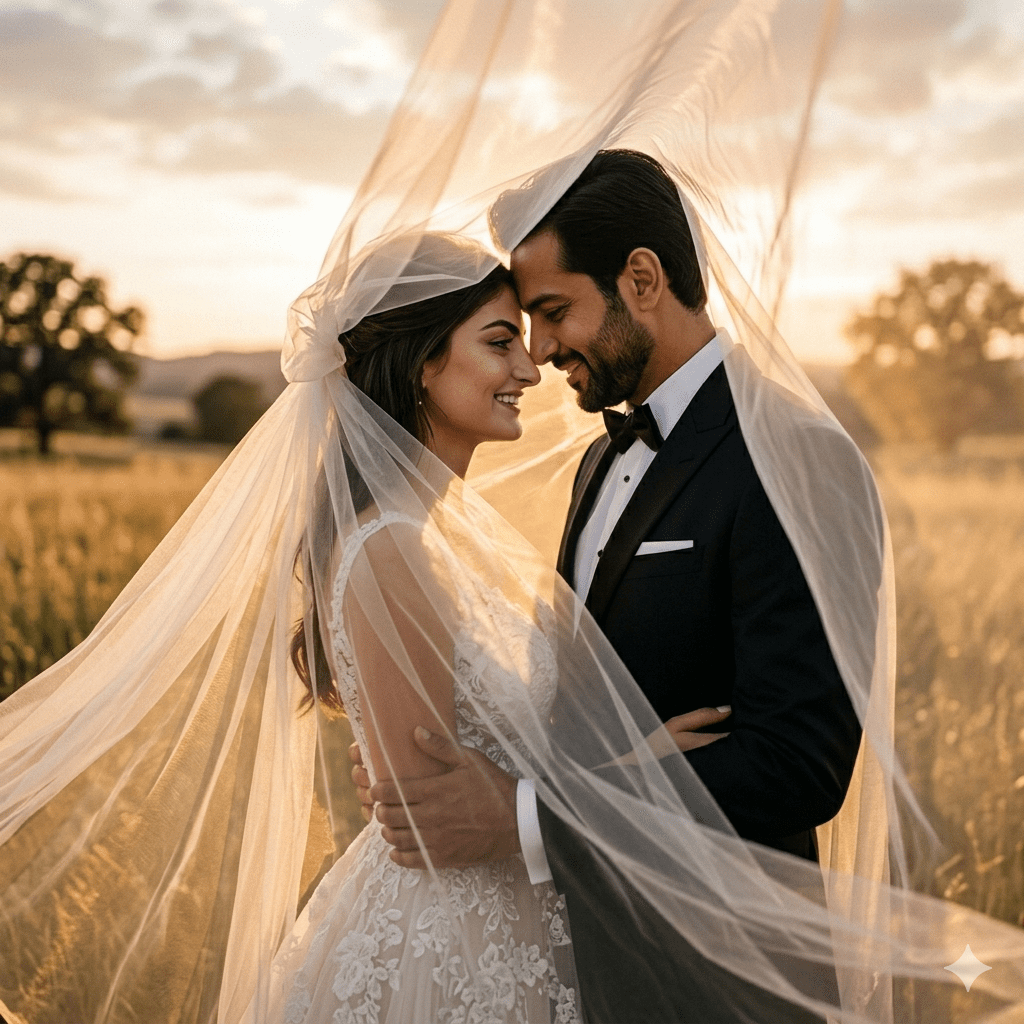 Close up wedding portrait of a couple under a sheer flowing veil using AI prompts