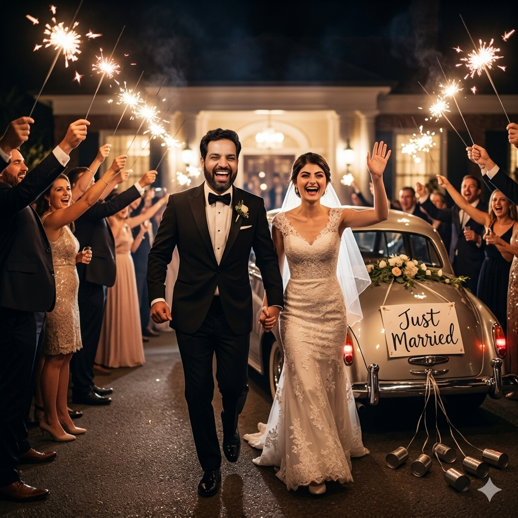 Ecstatic wedding couple running through a tunnel of sparklers to a vintage getaway car via AI prompts