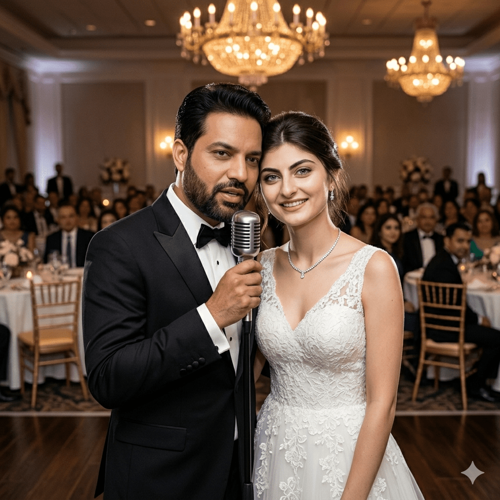 Groom speaking into a silver microphone on stage next to his bride via AI prompts
