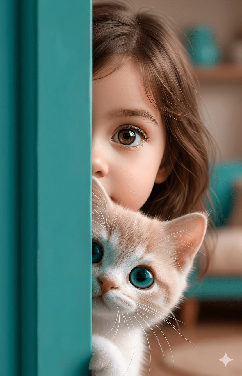 Cute 3D cartoon girl and ginger kitten peeking from behind a teal door frame