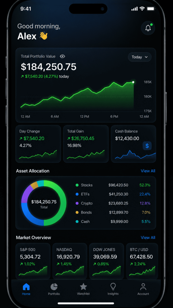Apple style finance app UI dark mode dashboard prompt