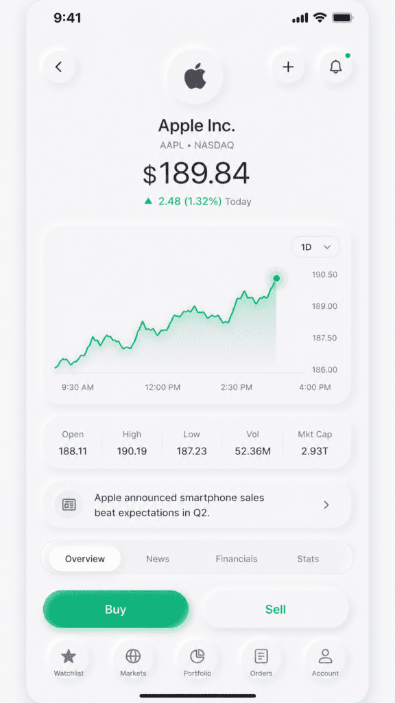 Apple style finance neomorphic stock trading market app