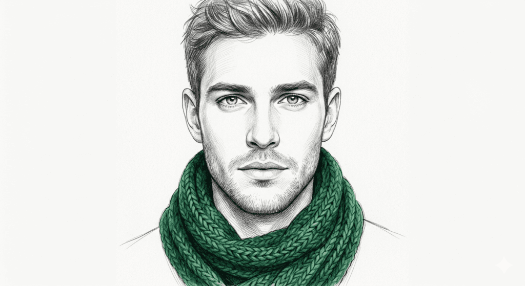 An artistic pencil sketch AI prompts portrait of a boy wearing an emerald green scarf