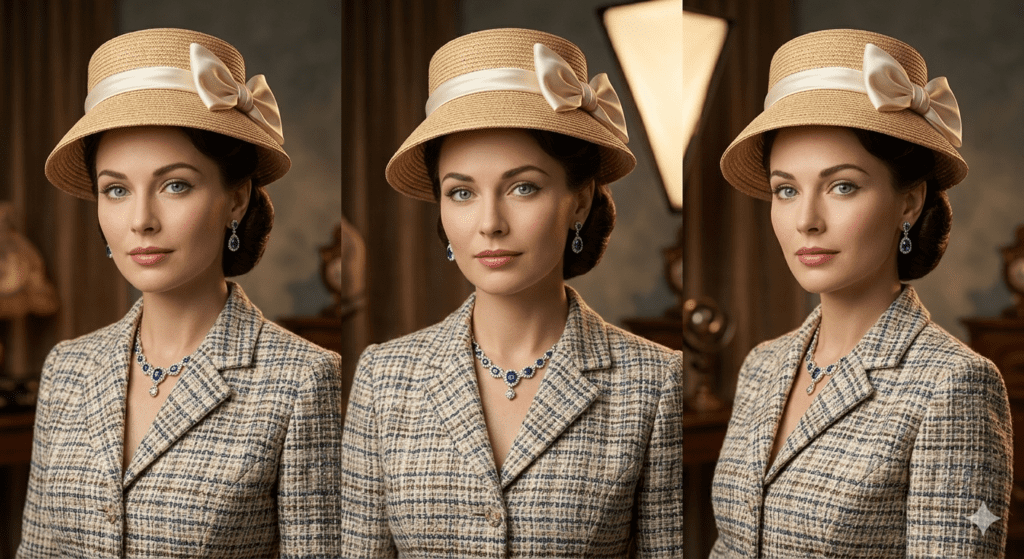 A 1950s vintage hollywood portrait of a female fashion icon wearing sapphire jewelry