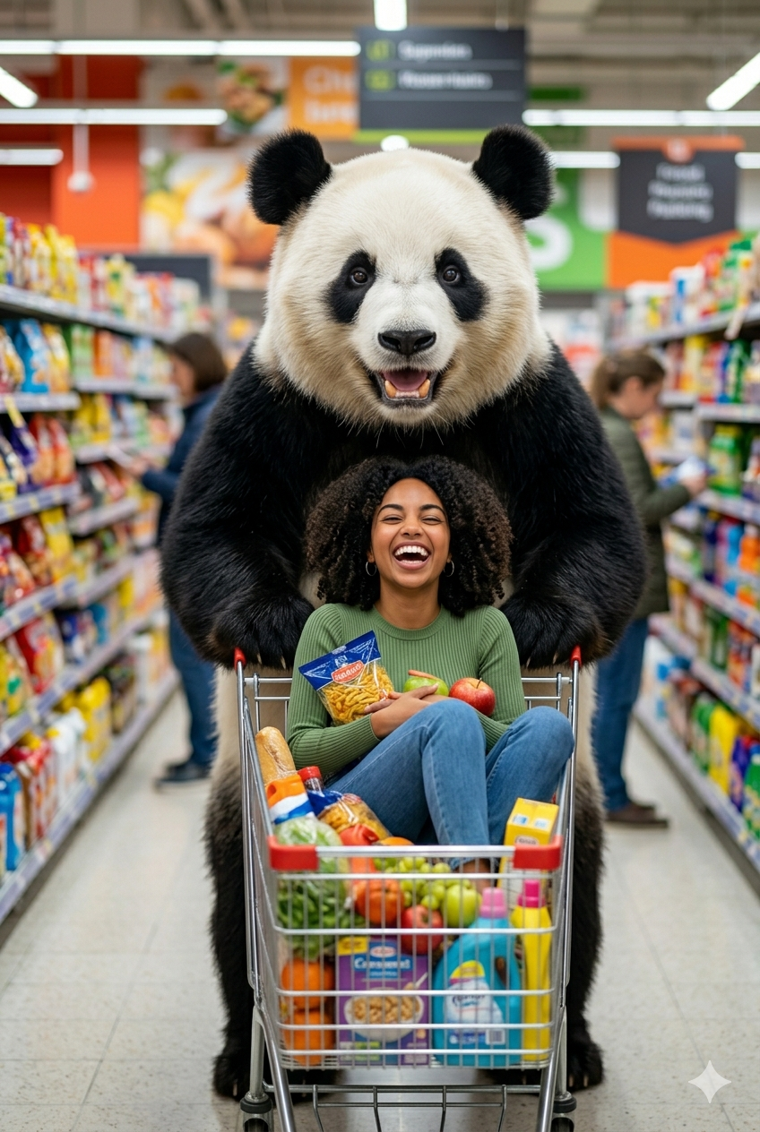 Surreal candid photograph of a laughing woman sitting in a shopping cart pushed by a giant panda in a supermarket aisle
