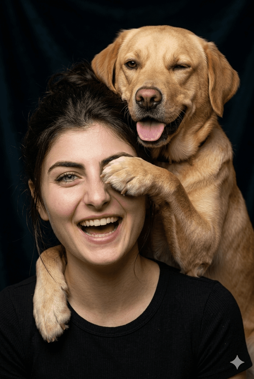 Playful portrait of a smiling woman with a winking golden Labrador retriever covering her eye with its paw