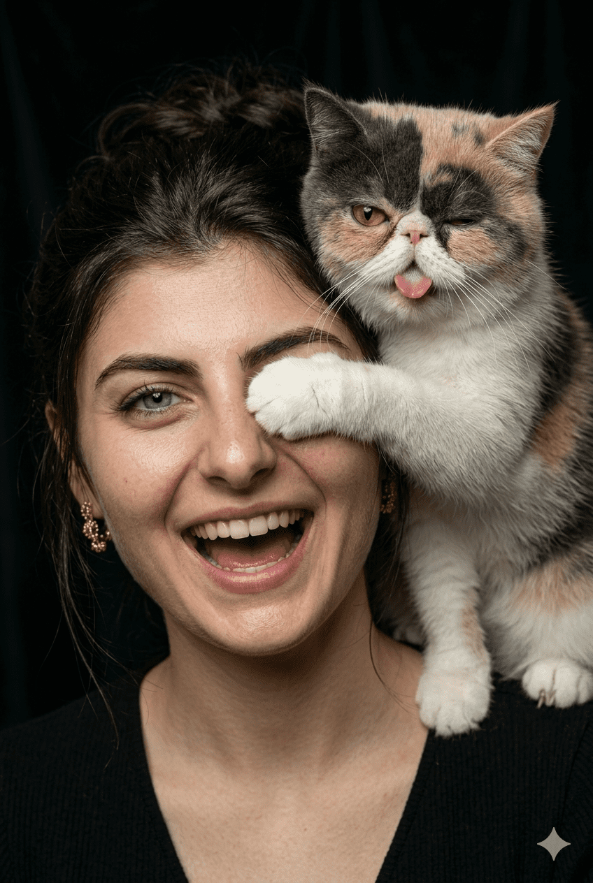 Playful studio portrait of a laughing woman with a winking calico cat covering her eye with its paw