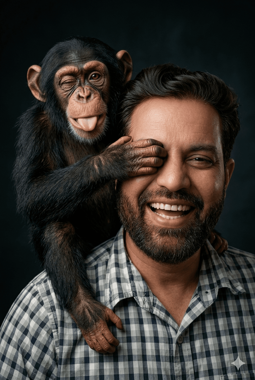Playful studio portrait of a laughing man with a winking baby chimpanzee covering his eye