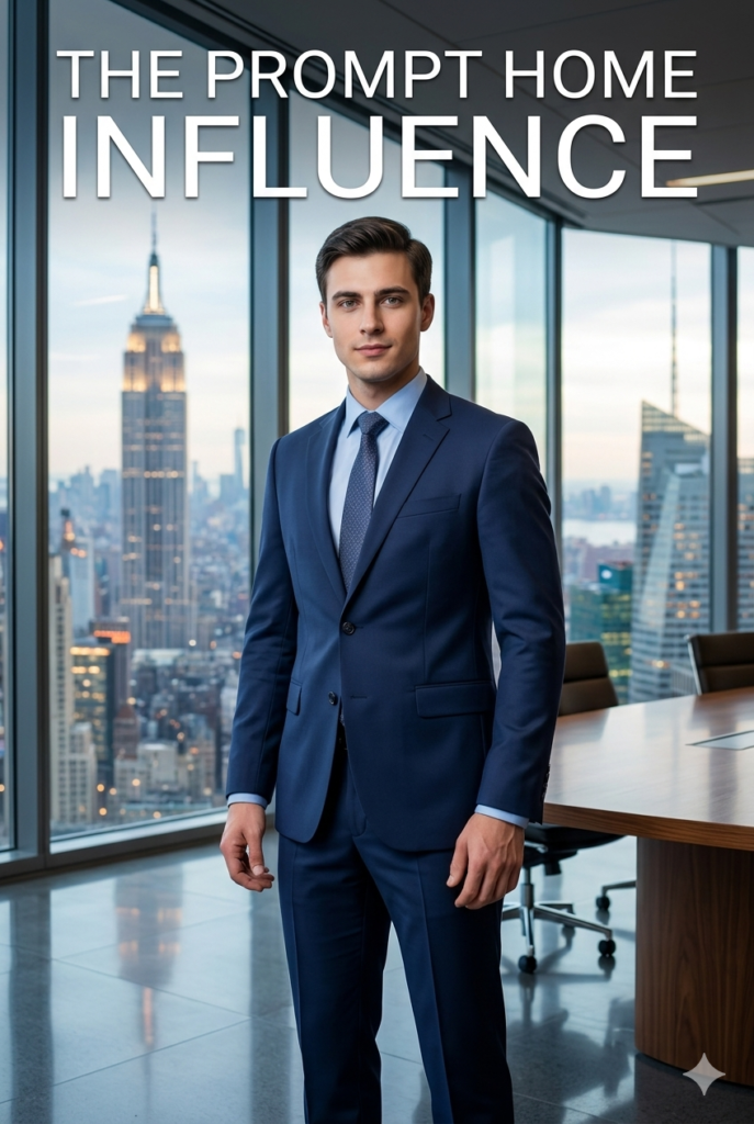 AI consistent character prompts Consistent AI male model in a navy blue corporate suit for THE PROMPT HOME virtual influencer guide