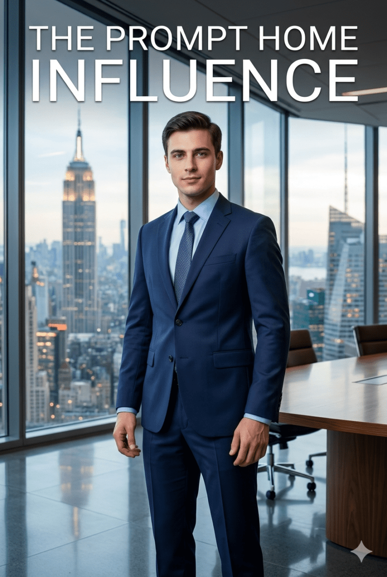 AI consistent character prompts Consistent AI male model in a navy blue corporate suit for THE PROMPT HOME virtual influencer guide