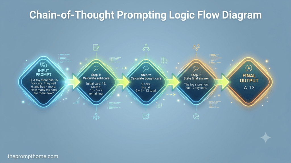 A logic flow diagram showing how step-by-step thinking commands reduce errors in AI calculations