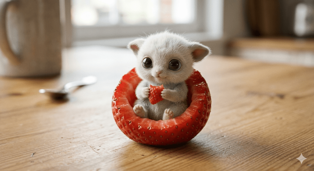 A cute white fluffy fantasy creature sitting inside a large red strawberry for the free ai video generation guide