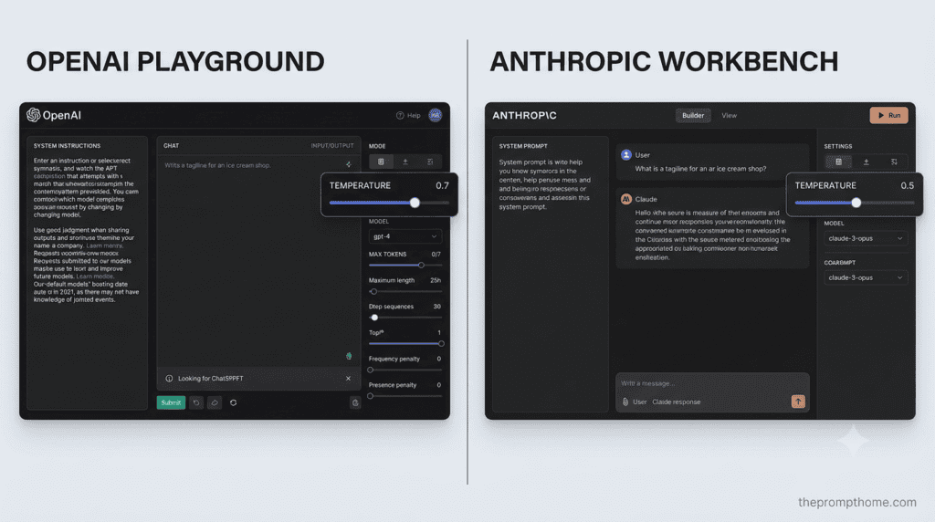 A mock-up comparison of OpenAI Playground and Anthropic Workbench testing interfaces