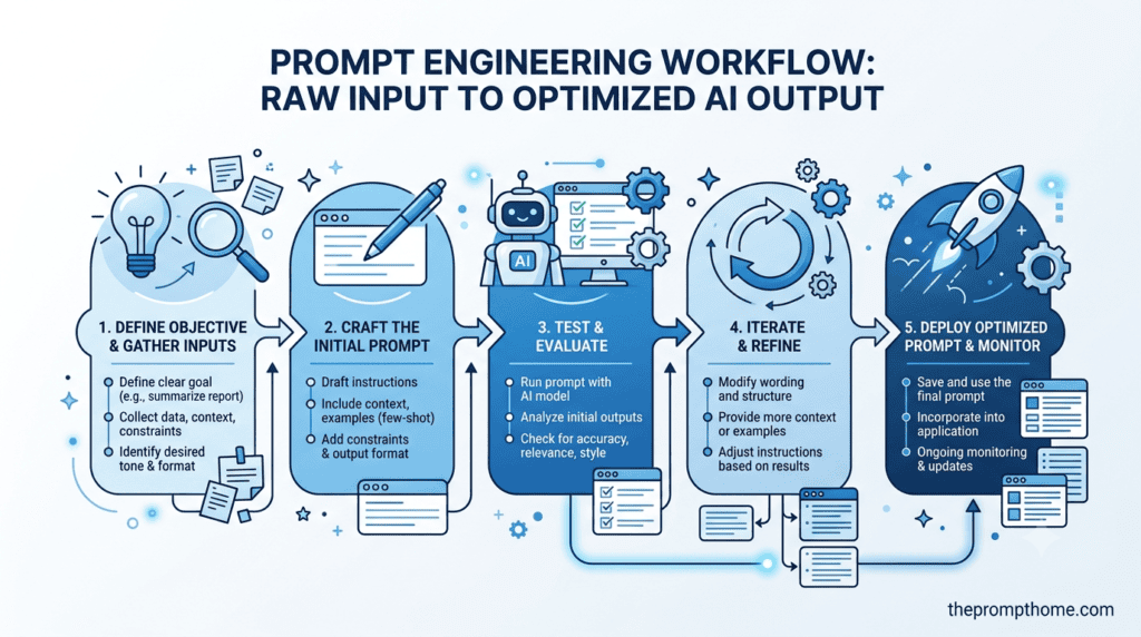 A clear step-by-step diagram showing the what is prompt engineering workflow from raw input to optimized AI output